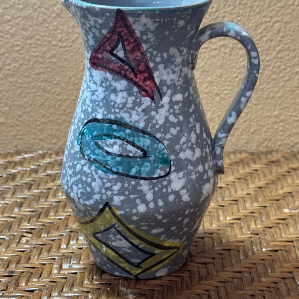 Vintage Italy Gray Speckled Ceramic Pitcher With Geometric Design